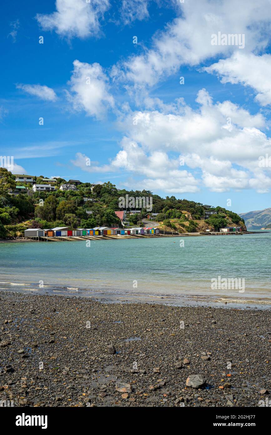 Boathouses in Duvauchelle, Banks Peninsula, East Coast of the South Island, Canterbury Region, New Zealand Stock Photo