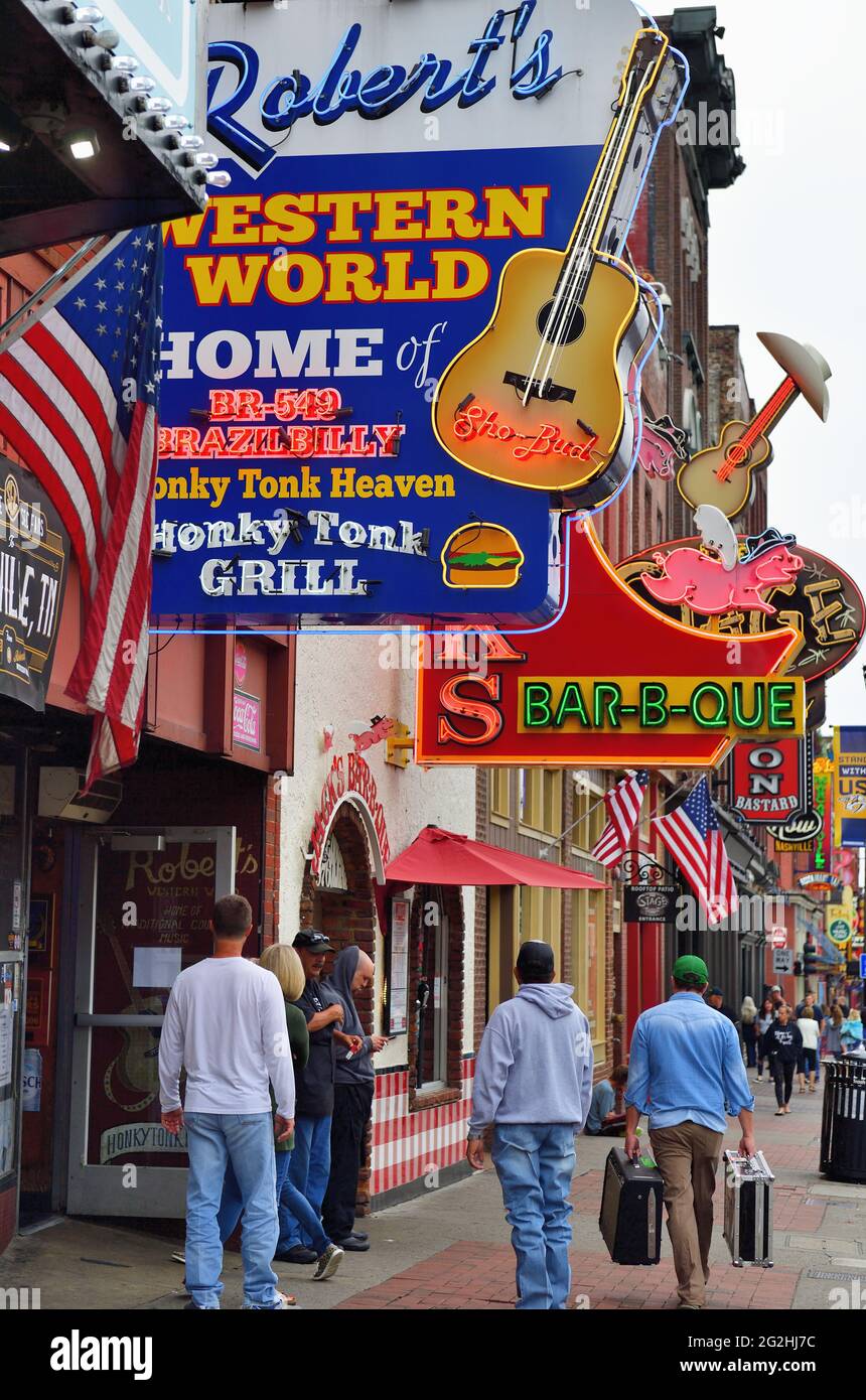 Nashville, Tennessee, USA. Colorful neon, signs abound above and around