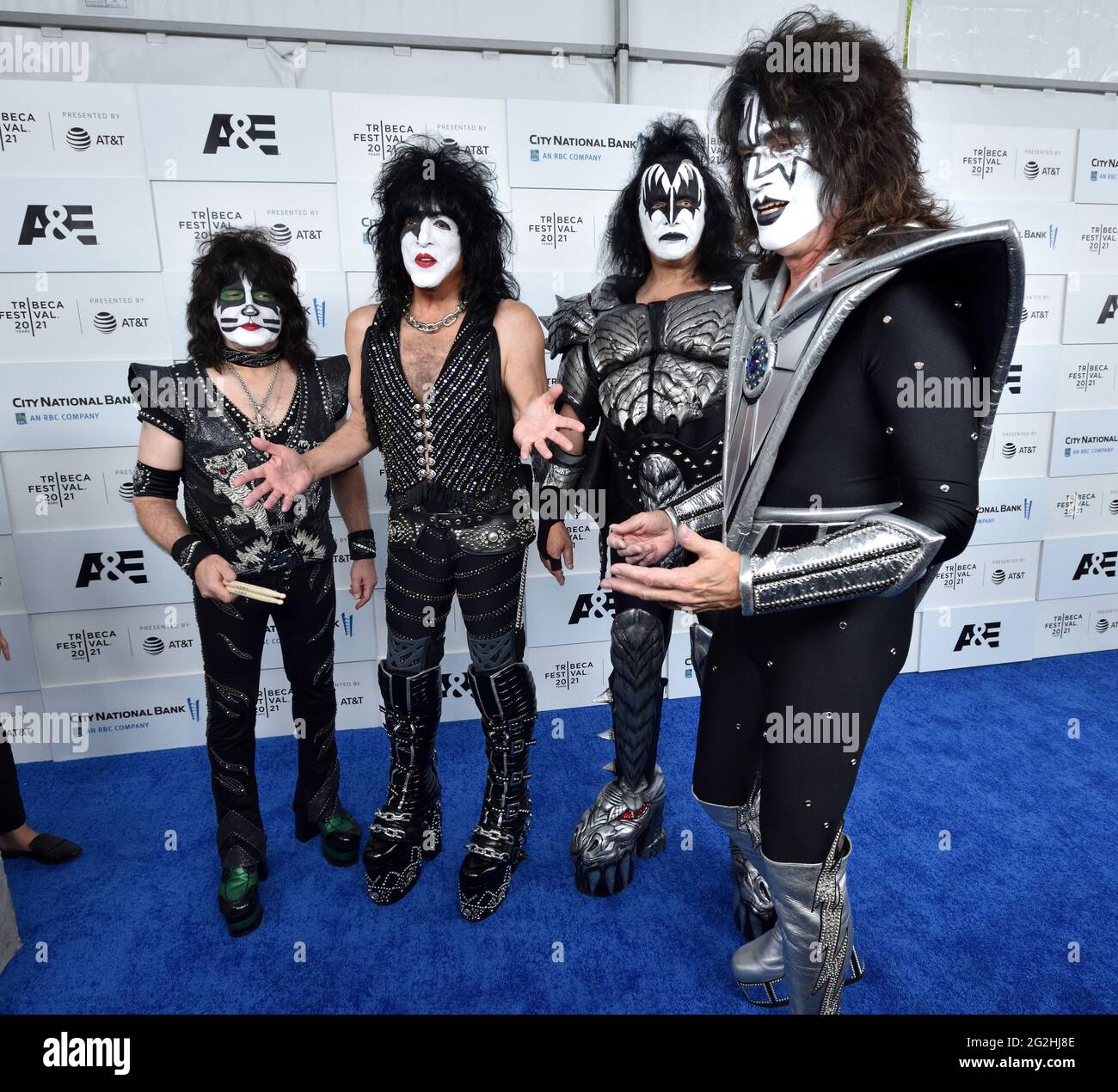 New York, USA. 11th June, 2021. L-R: KISS musicians Eric Singer, Paul  Stanley, Gene Simmons and Tommy Thayer attend the premiere of  Biography:KISStory at the Tribeca Festival 2021 at The Battery in