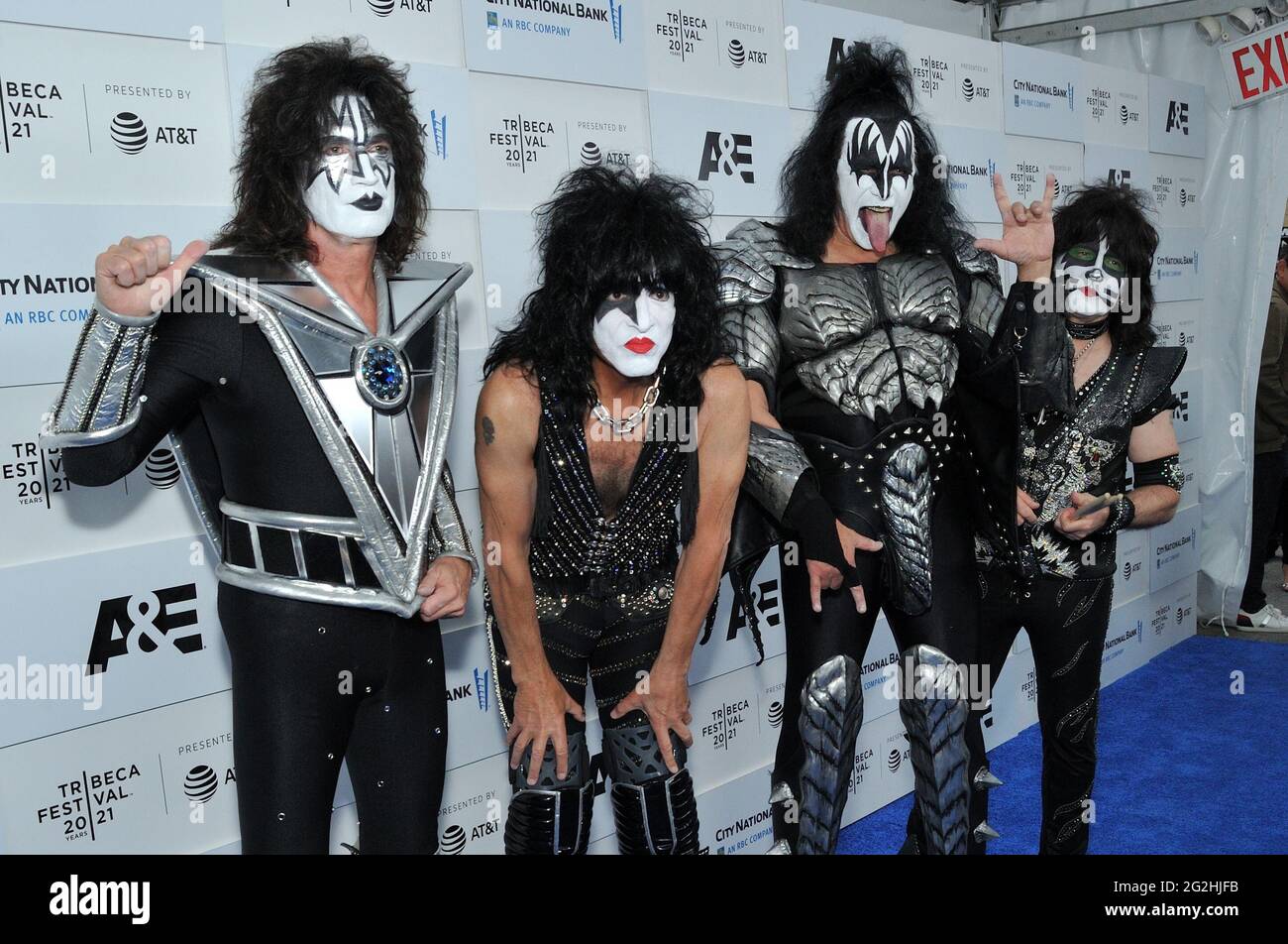 New York, USA. 11th June, 2021. L-R: KISS musicians Tommy Thayer, Paul  Stanley, Gene Simmons and Eric Singer attend the premiere of  Biography:KISStory at the Tribeca Festival 2021 at The Battery in
