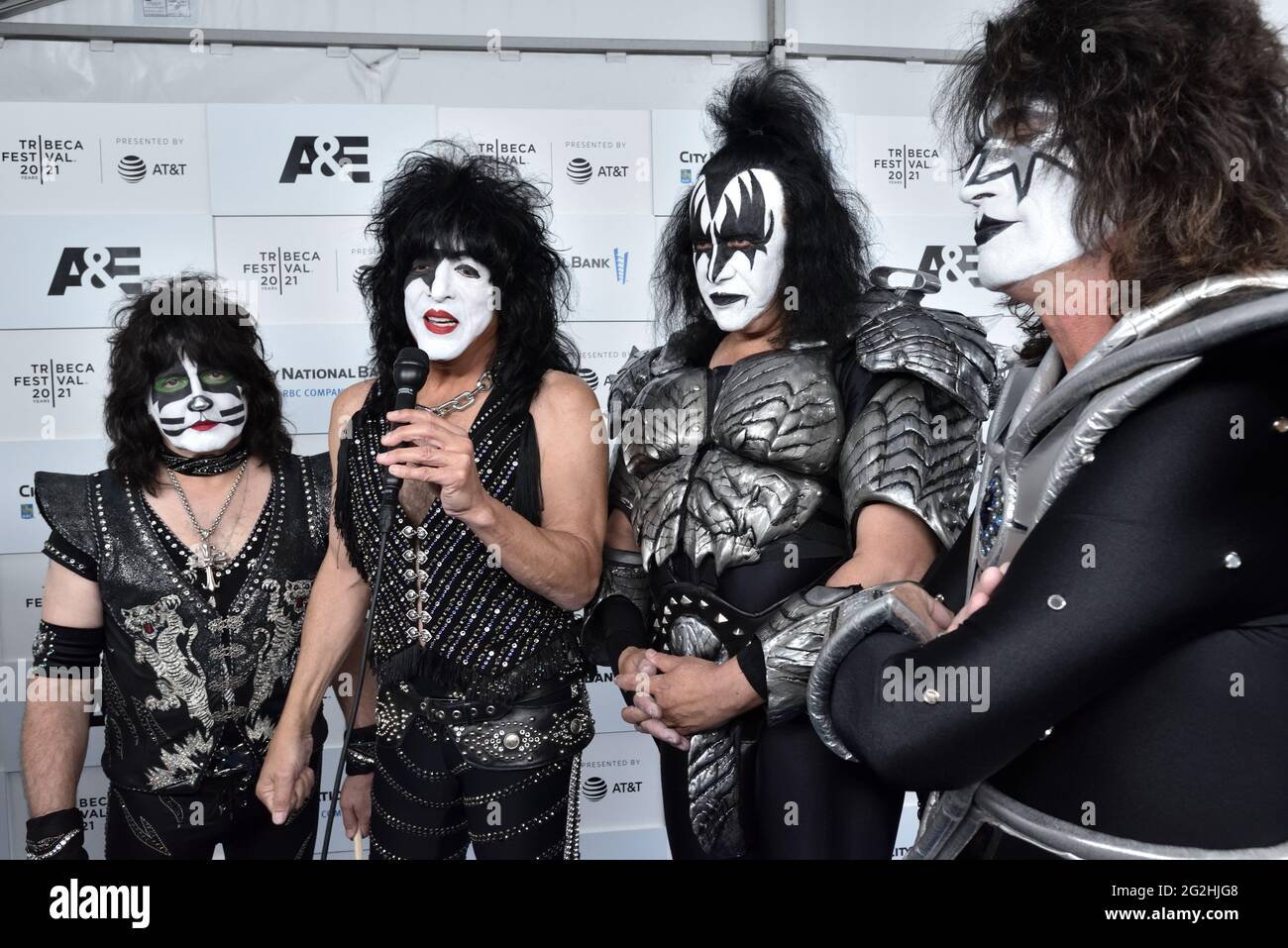 New York, USA. 11th June, 2021. L-R: KISS musicians Eric Singer, Paul Stanley, Gene Simmons and Tommy Thayer attend the premiere of Biography:KISStory at the Tribeca Festival 2021 at The Battery in New York, NY on June 11, 2021. (Photo by Stephen Smith/SIPA USA) Credit: Sipa USA/Alamy Live News Stock Photo