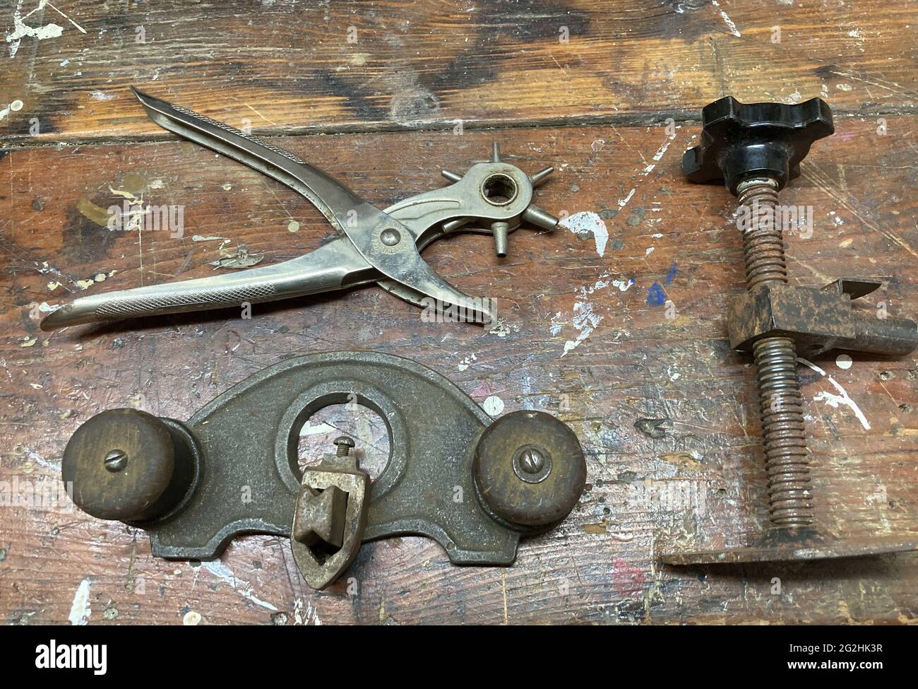 assorted tools on wooden work bench Stock Photo