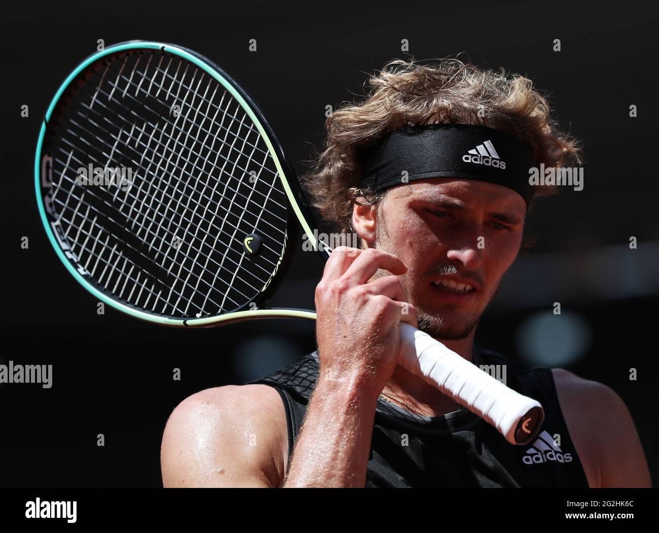 Paris, France. 11th June, 2021. Alexander Zverev of Germany reacts during  the men's singles semifinal against Stefanos Tsitsipas of Greece at the French  Open tennis tournament at Roland Garros in Paris, France,