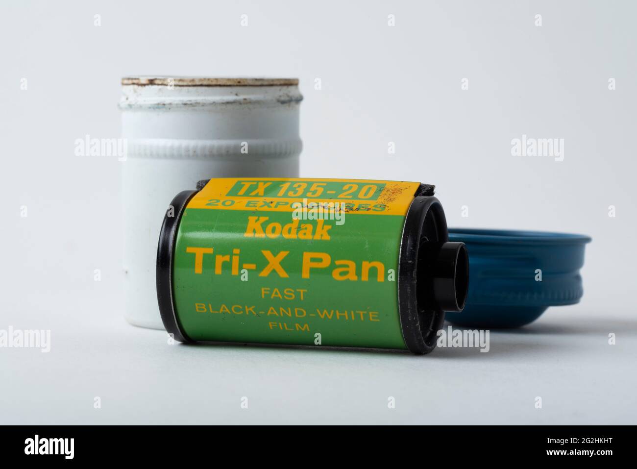 Kodak Tri-X pan film in 35mm format from the 1950s and container. Stock Photo