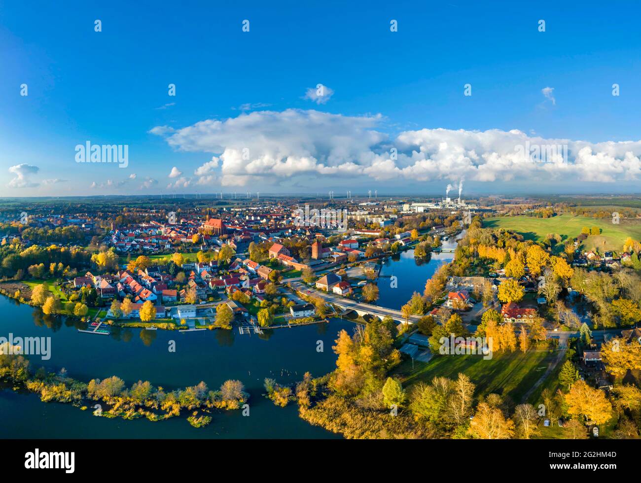 Aerial view of Beeskow with the Spree Stock Photo