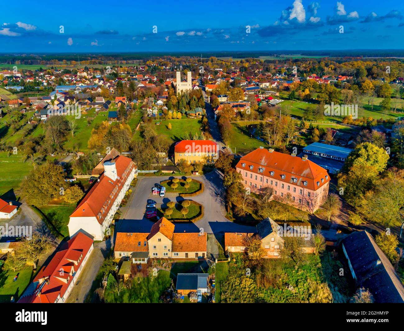 Castle and church in Straupitz, Spreewald Stock Photo