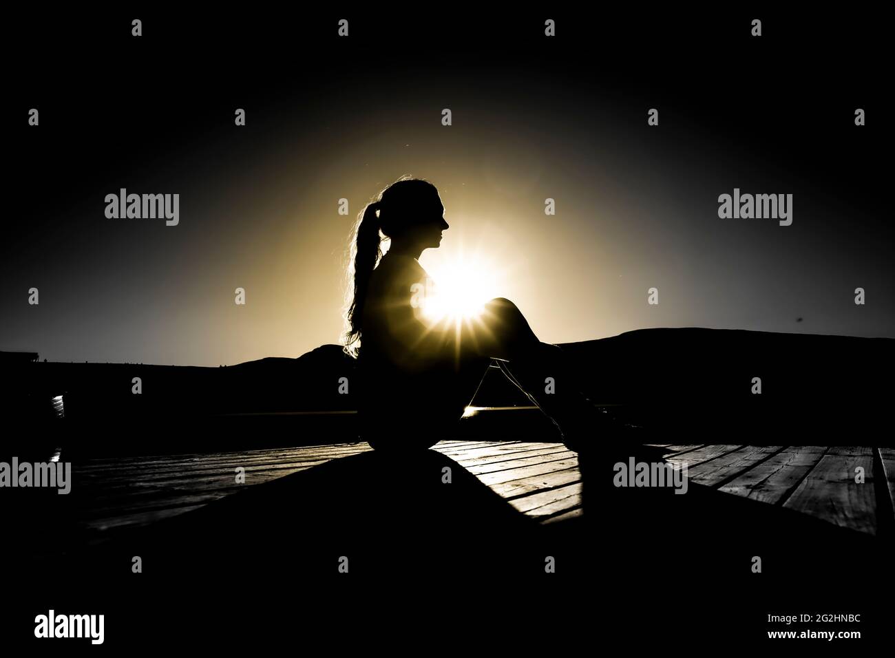 Silhouette of a seated woman with ponytails in the backlight Stock Photo