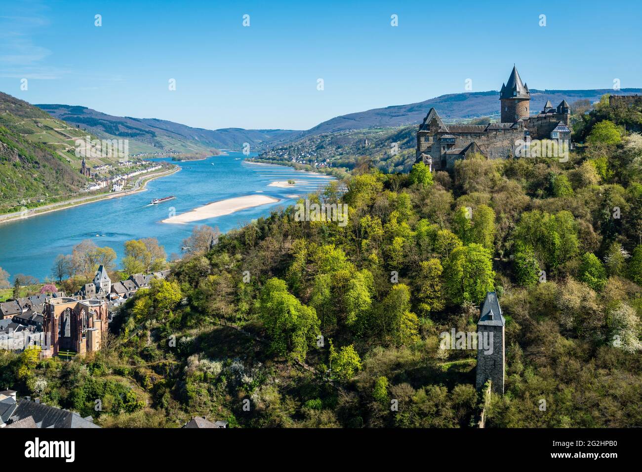 Bacharach, castle, castle trail, youth hostel, church, market tower, Middle Rhine, coin, Upper Middle Rhine Valley, post tower, Rhine, shipping, summer, St. Peter, city towers, Stahleck, Steeg, Steeger valley, world heritage, world cultural heritage, Werner chapel Stock Photo