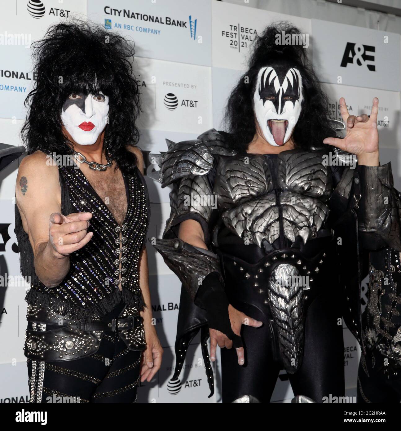 June 11, 2021, New York, New York, USA: (L-R) Original members PAUL STANLEY and GENE SIMMONS from the band KISS attend the premiere of 'Biography: KISStory' held ding the 2021 TriBeCa Festival at Battery Park. (Credit Image: © Nancy Kaszerman/ZUMA Wire) Stock Photo