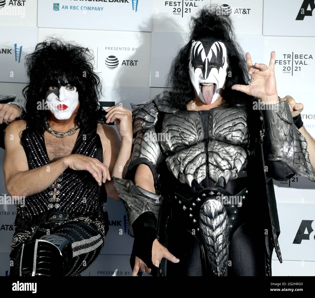 June 11, 2021, New York, New York, USA: (L-R) Original members PAUL STANLEY and GENE SIMMONS from the band KISS attend the premiere of 'Biography: KISStory' held ding the 2021 TriBeCa Festival at Battery Park. (Credit Image: © Nancy Kaszerman/ZUMA Wire) Stock Photo