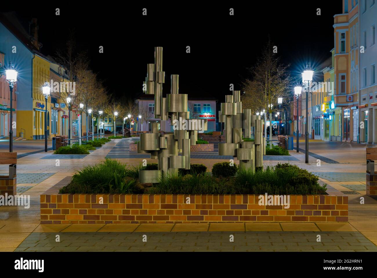 5 May 2021,Germany,City of Luckenwalde,No people on the street during curfew,Fountain, otherwise meeting place of the people Stock Photo