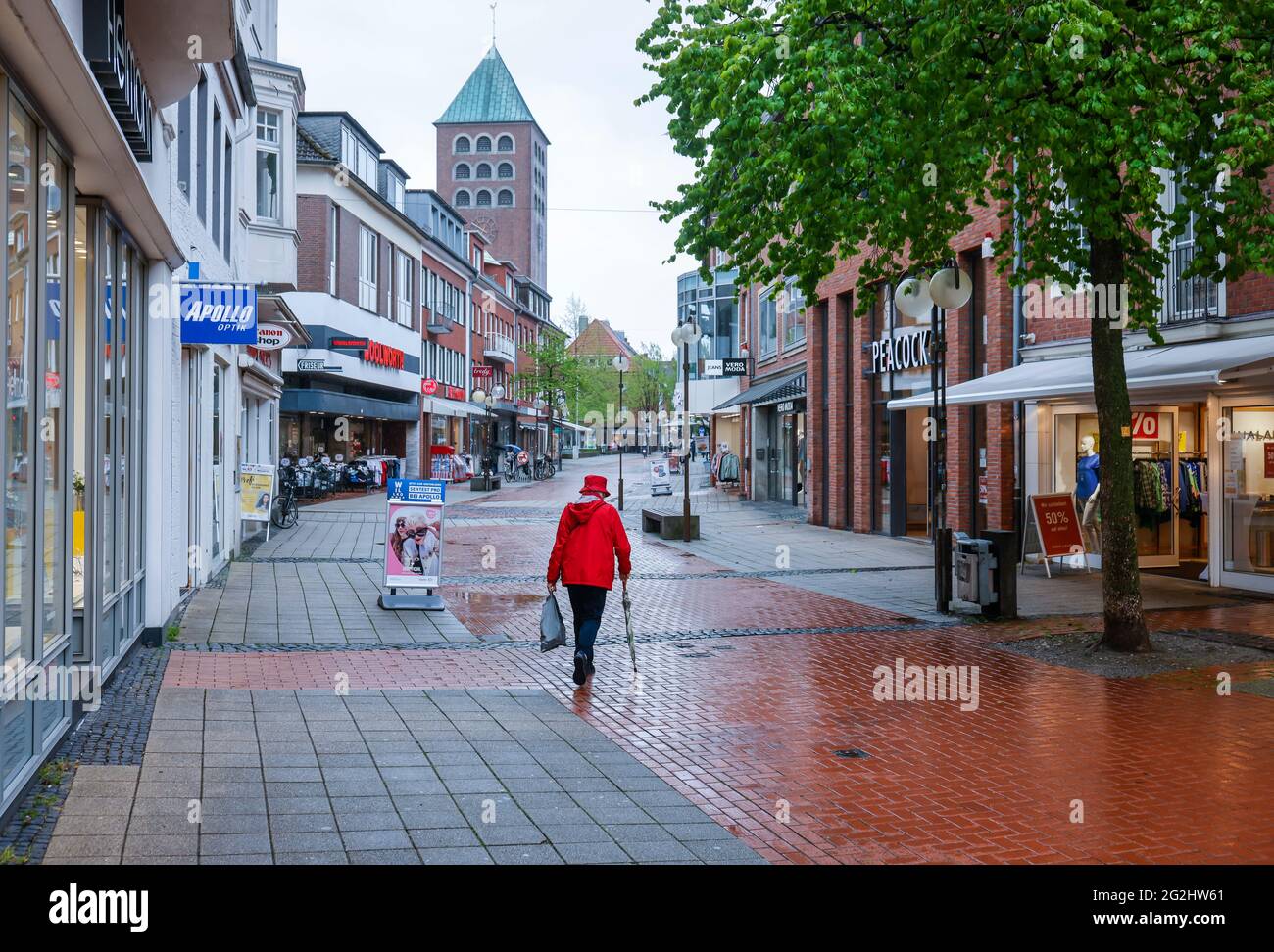 Coesfeld, North Rhine-Westphalia, Germany - pedestrian zone in times of the corona pandemic, the Coesfeld district starts as a model region in NRW with easing, shopping is possible again without prior appointment. Stock Photo
