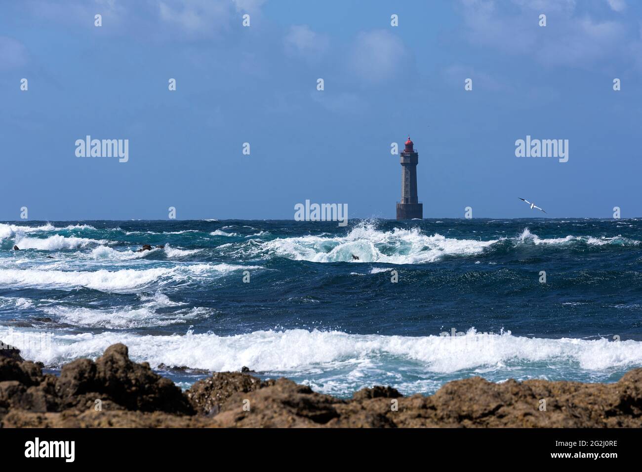 Lighthouse La Jument, Île d'Ouessant, France, Brittany, Finistère department Stock Photo