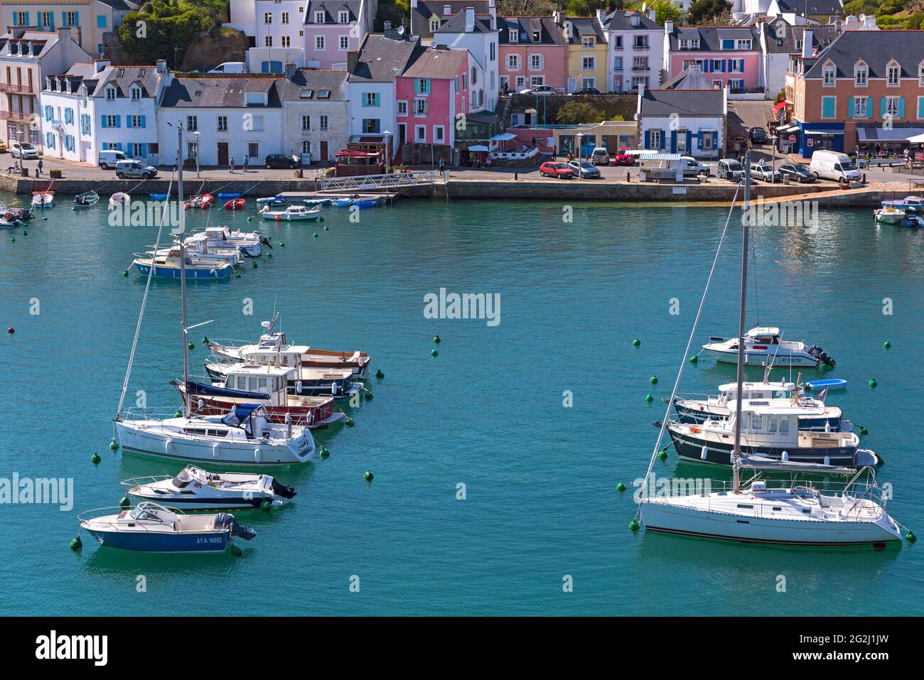 View of the harbor and the colorful houses of Sauzon, Belle-Ile-en-Mer, France, Brittany, Morbihan department Stock Photo