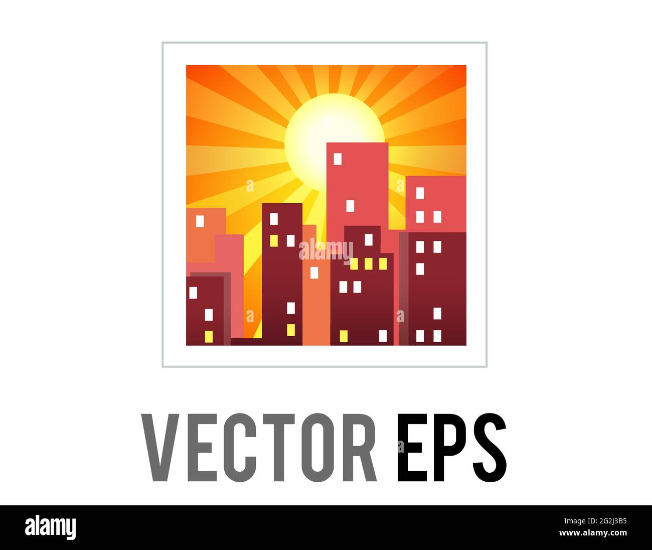 The vector gradient orange sky icon with sun setting behind city buildings at sunset Stock Vector