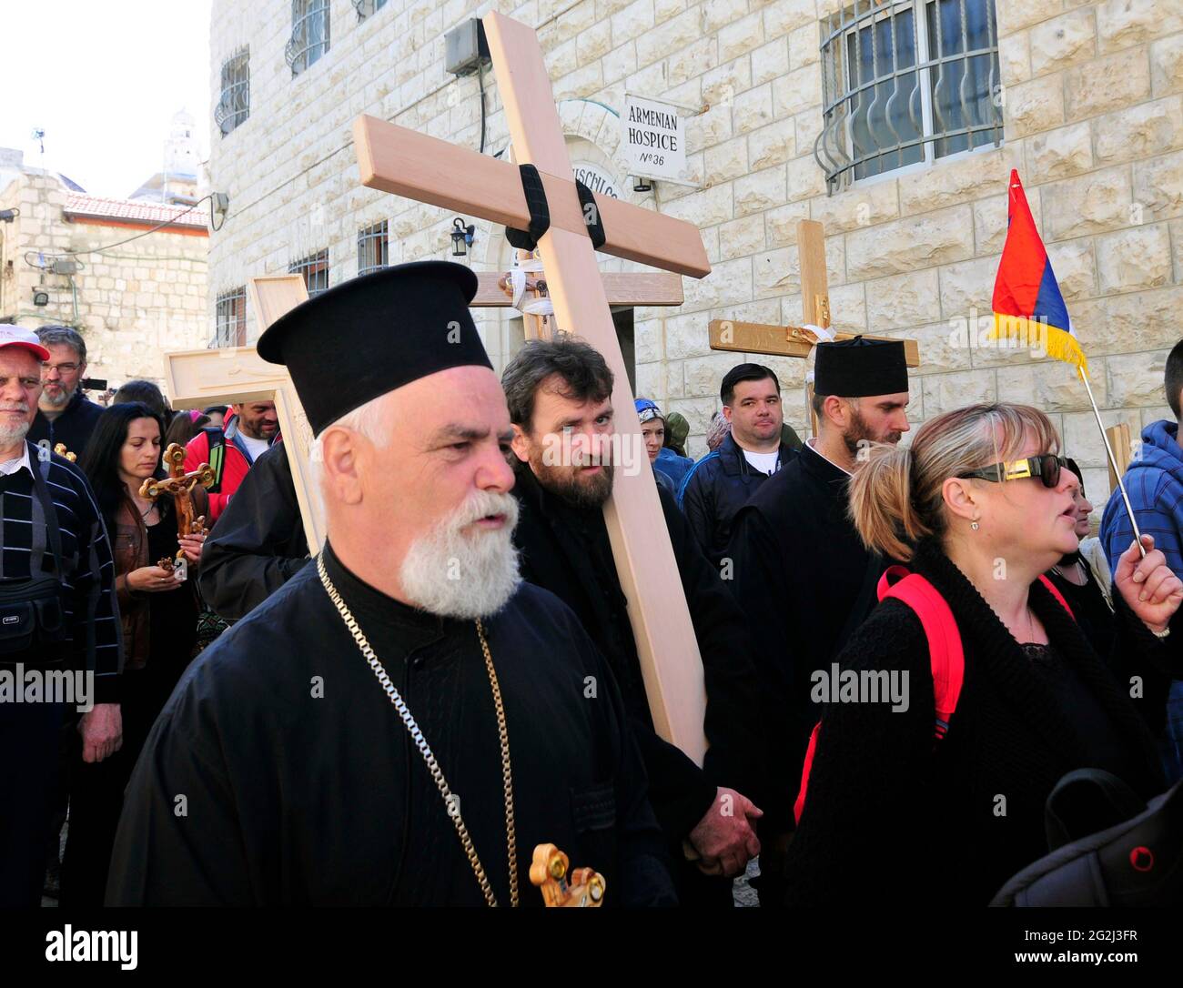 Armenian Orthodox pilgrims walking through the Via Dolorosa during the ...