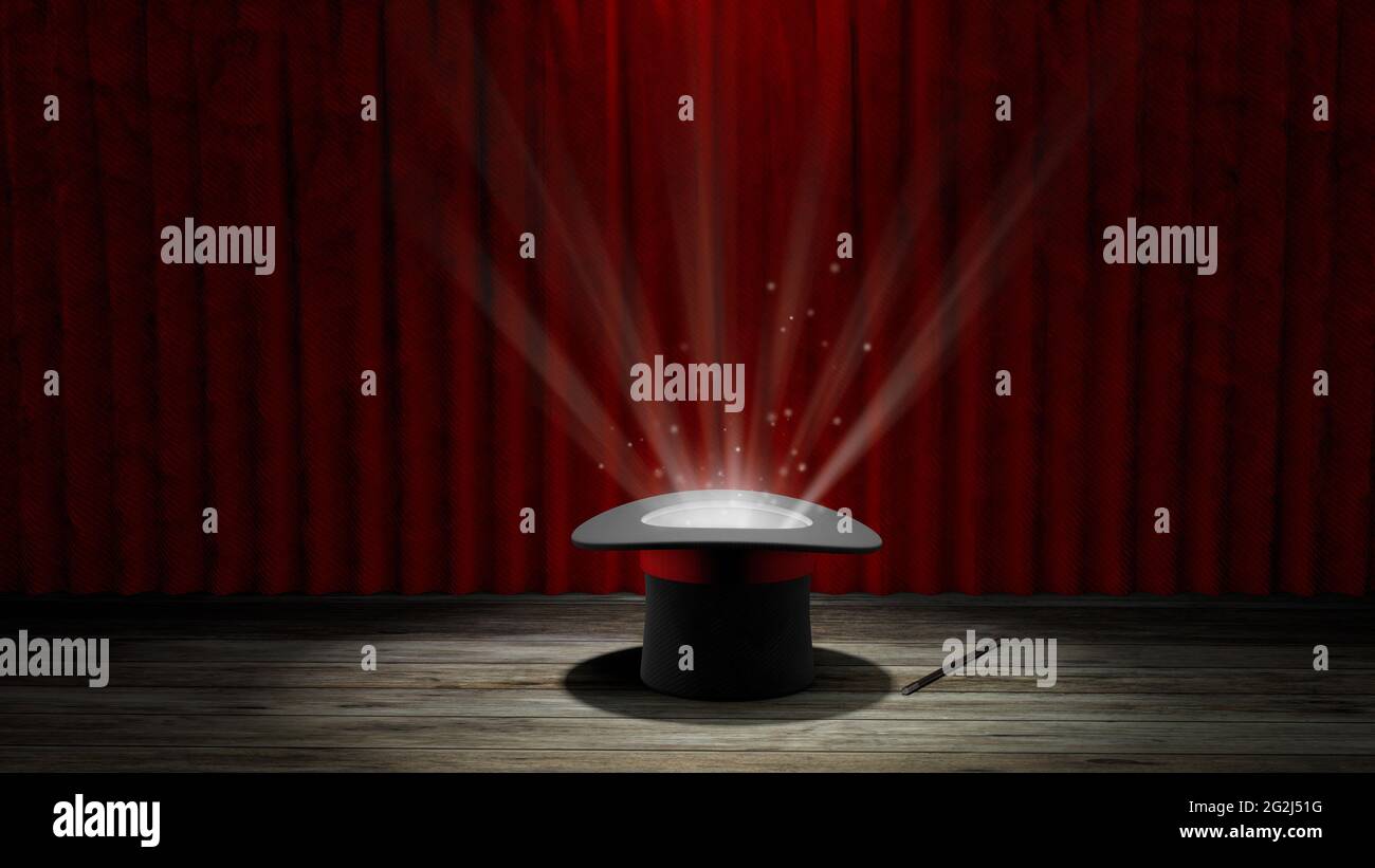 Magician hat. Light rays from a black 