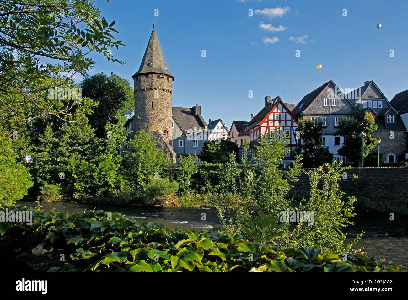 Dill Tower on the Dill, built 13./14. Century, balloons, balloon ride, Herborn, Hesse, Germany Stock Photo
