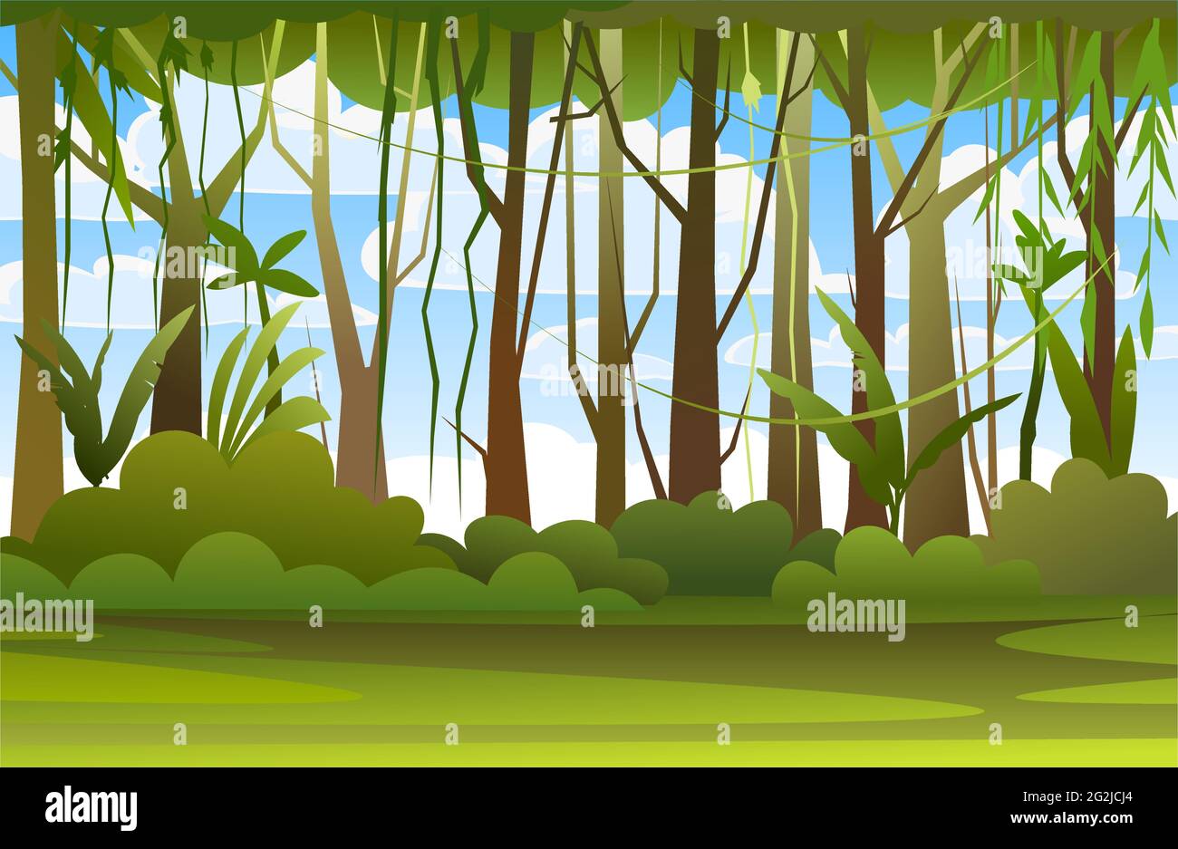 Jungle illustration. Sky. Dense wild-growing tropical plants with tall, branched trunks. Rainforest landscape. Flat design. Cartoon style. Vector Stock Vector