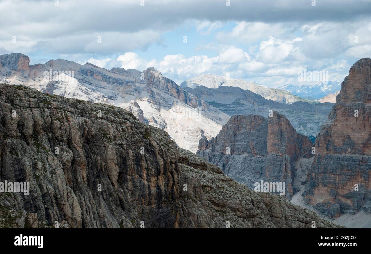 the color of the rocks of the Dolomites seen from the top of the 3000 meters of Monte Lagazuoi Stock Photo