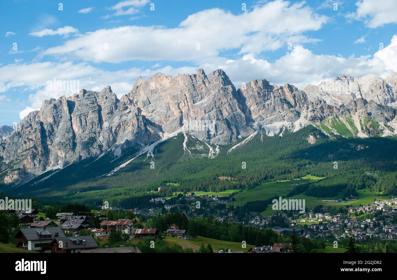 summer in Cortina d'Ampezzo dominated by Monte Cristallo in the background Stock Photo