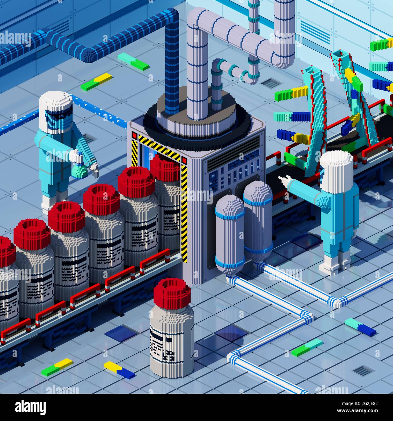 Vaccine laboratory with assembly line, laboratory workers and mRNA in satirical voxel graphic style, isometric view Stock Photo