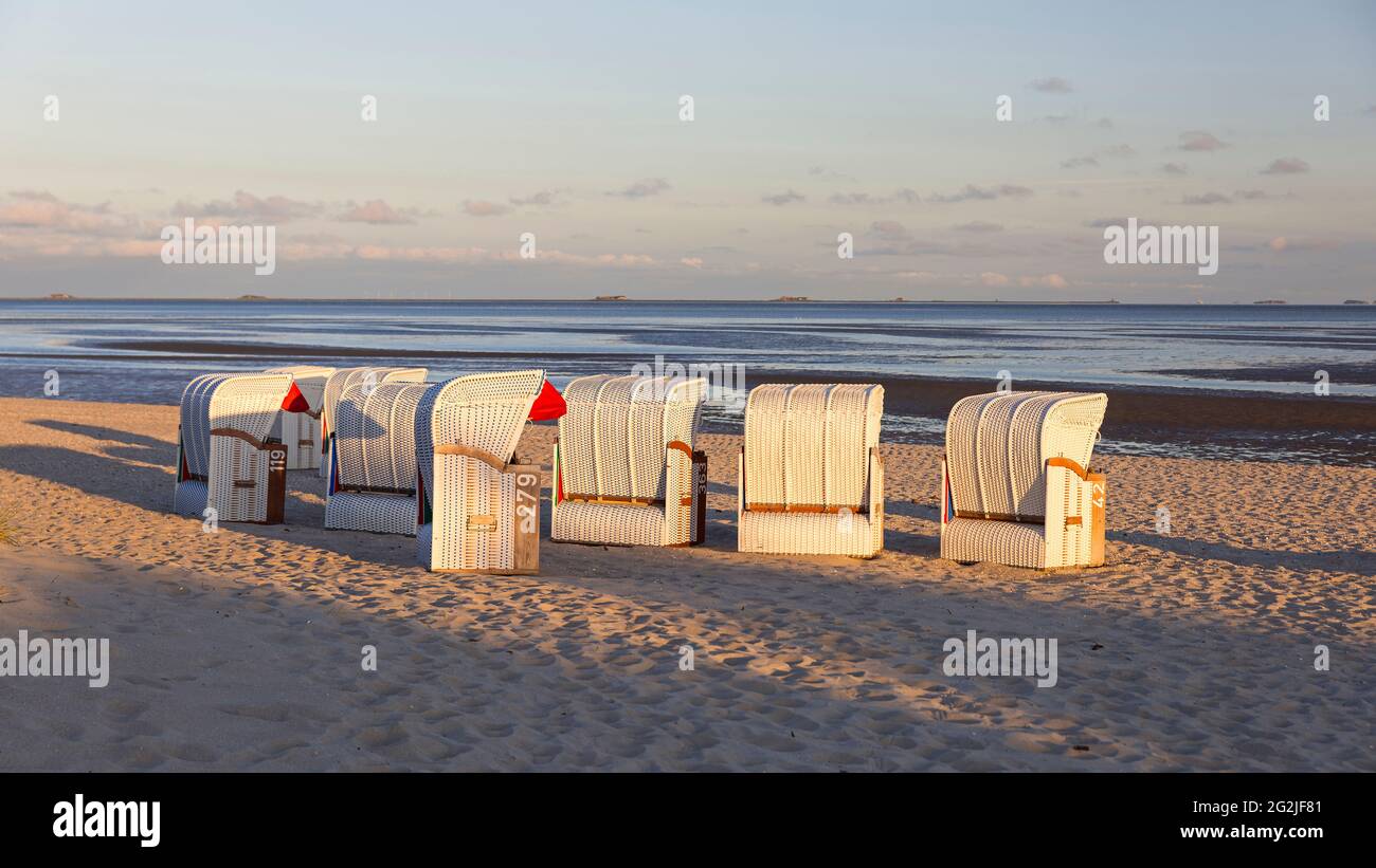 Beach chairs, Föhr island, evening light, Schleswig-Holstein Wadden Sea National Park, Germany, Schleswig-Holstein Stock Photo