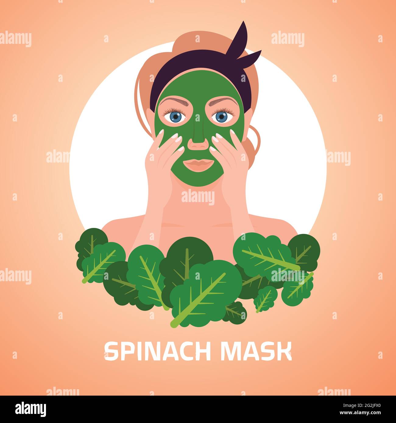 young woman applying spinach fresh leaves face mask facial treatment