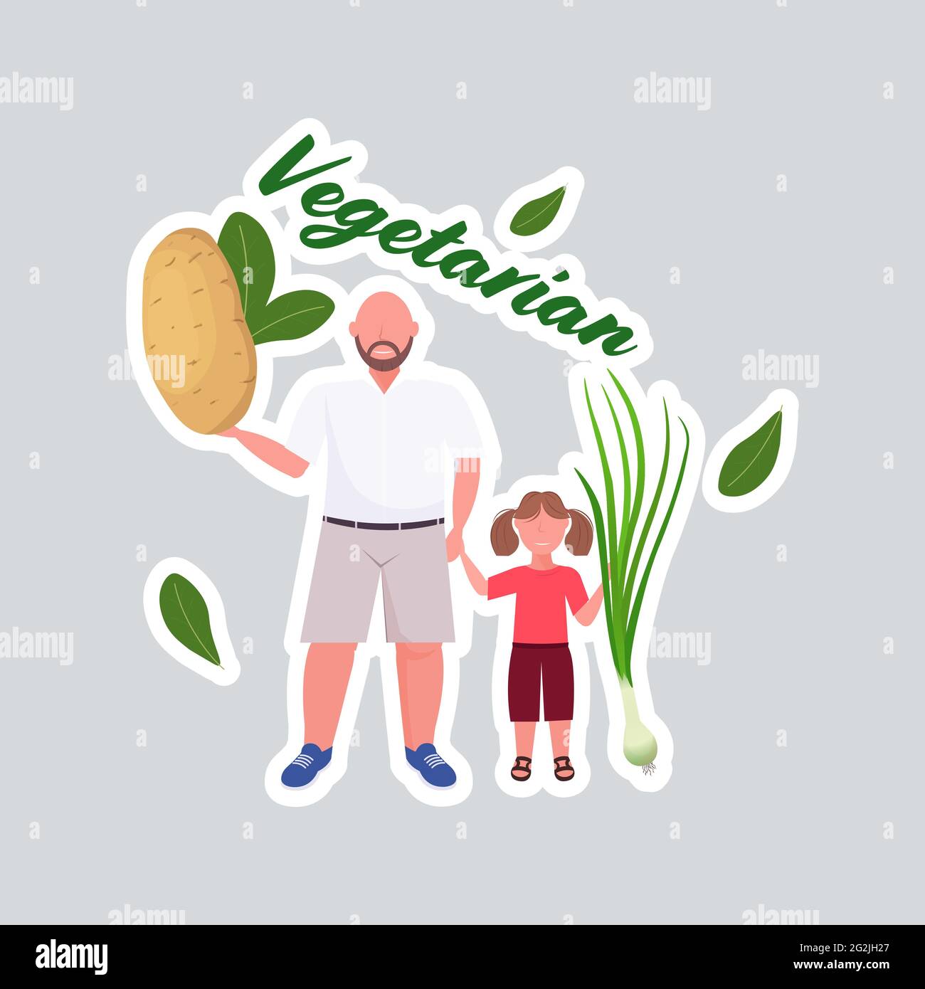 father with daughter holding potato onion vegetables healthy lifestyle vegan fresh raw food vegetarian concept full length Stock Vector