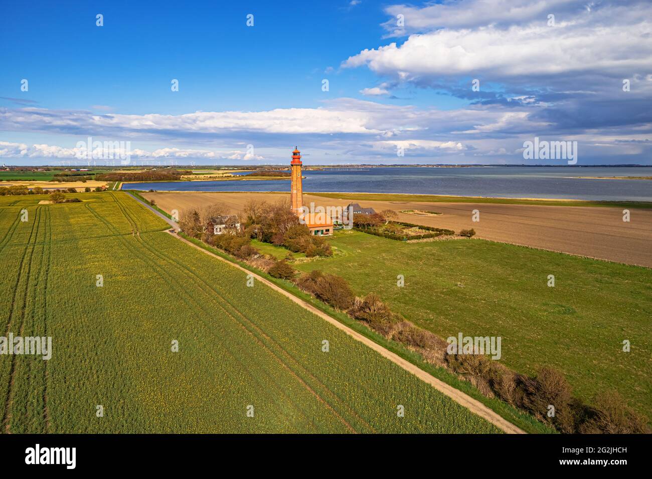 Drone image: Flügger lighthouse, Fehmarn island, Baltic Sea Stock Photo