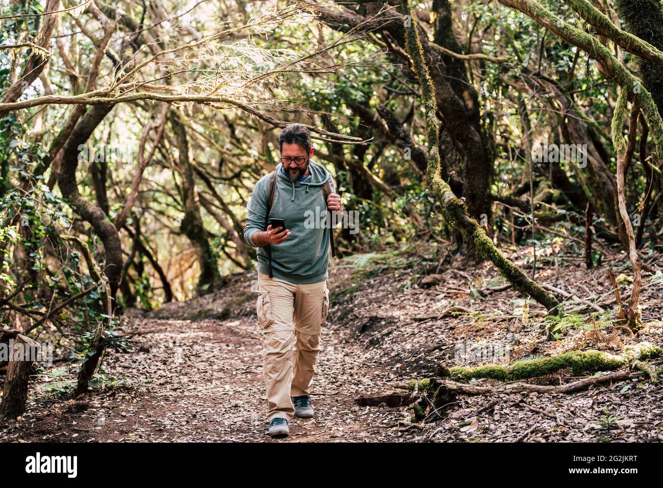 Adult man walk in the woods and use modern internet 5g technology with phone - hipster mature male people explre and enjoy adventure alone with backpack and woods around Stock Photo