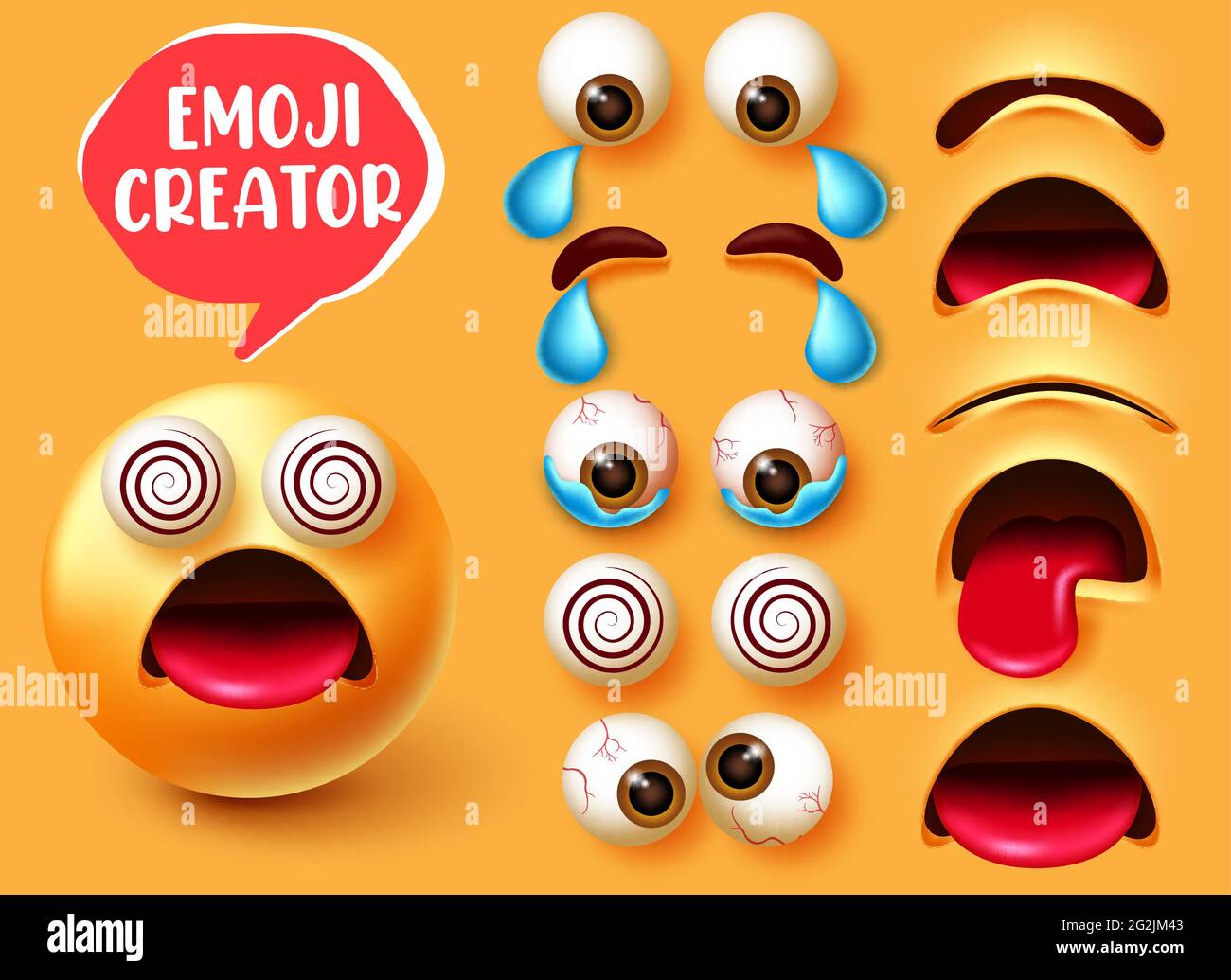 Emoji creator vector set design. Smiley 3d character in dizzy facial expression with editable face elements like eyes and mouth for emojis creation. Stock Vector