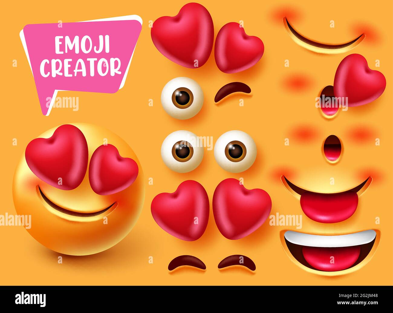 Emoji creator vector set design. Smiley 3d in love and happy character with editable eyes, heart and mouth elements for cute facial expression. Stock Vector