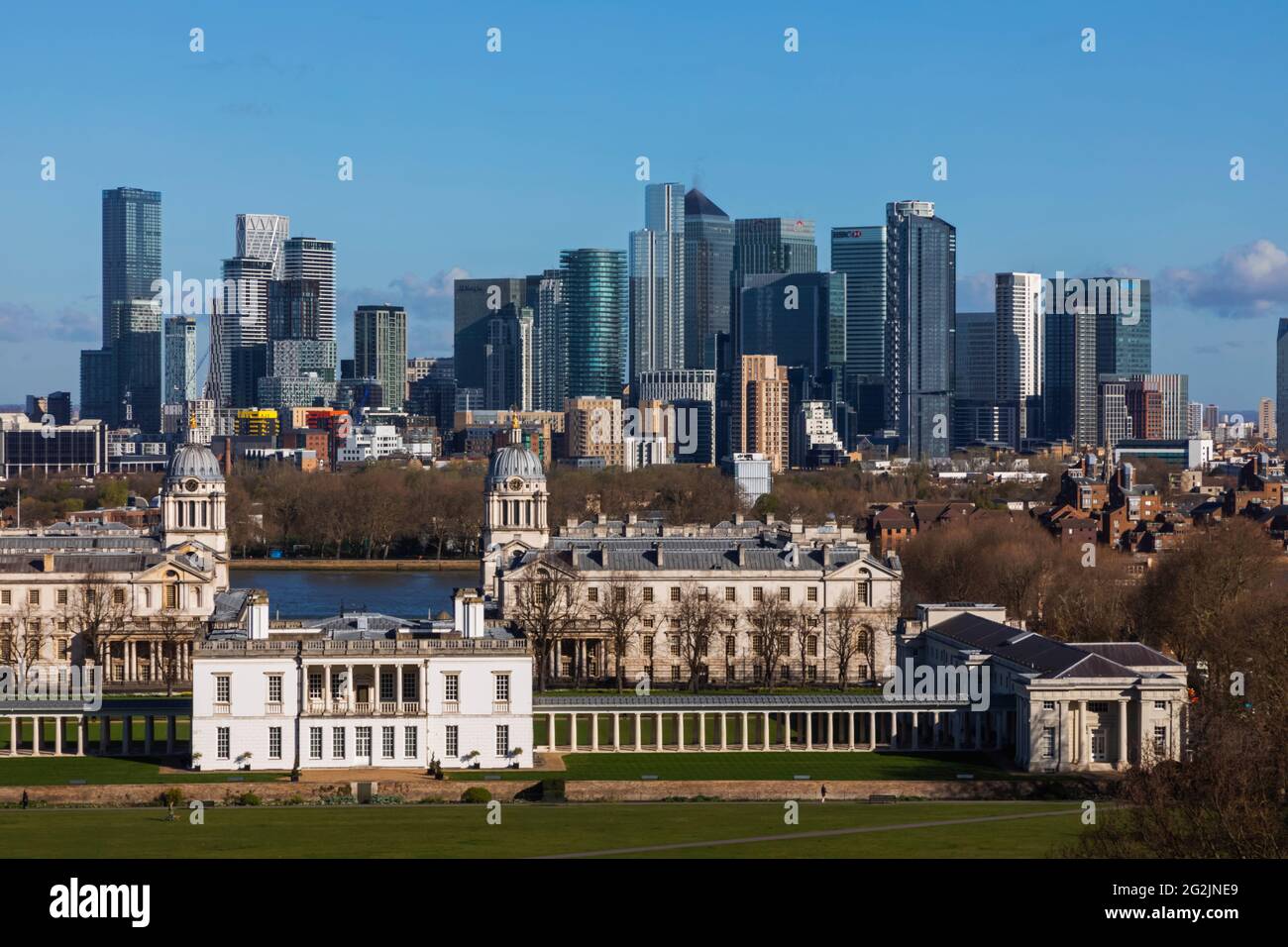 England, London, Greenwich, Canary Wharf Skyline View from Greenwich Park Stock Photo