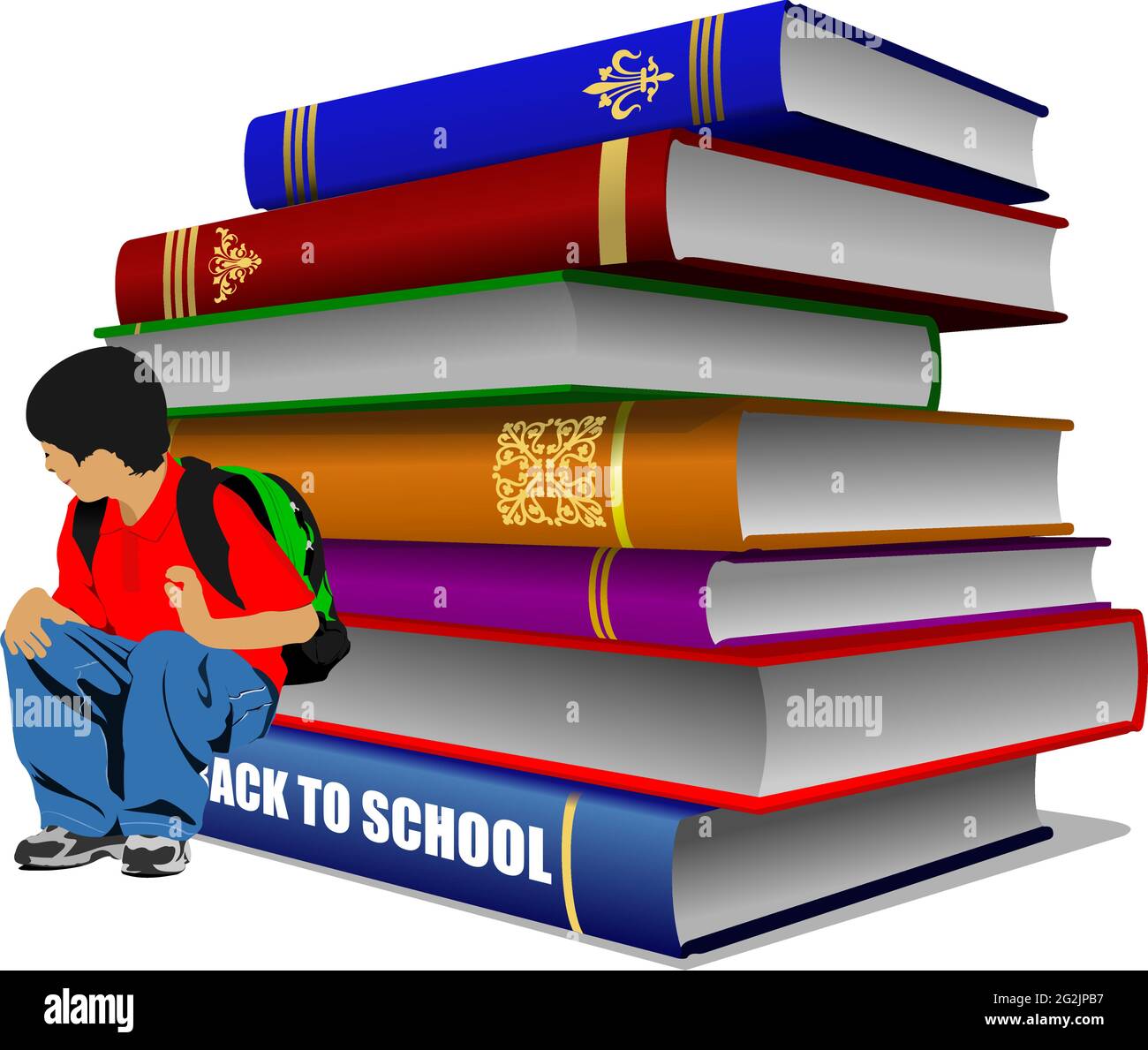 Back to school. Stack of books with schoolboy image. 3d vector ...