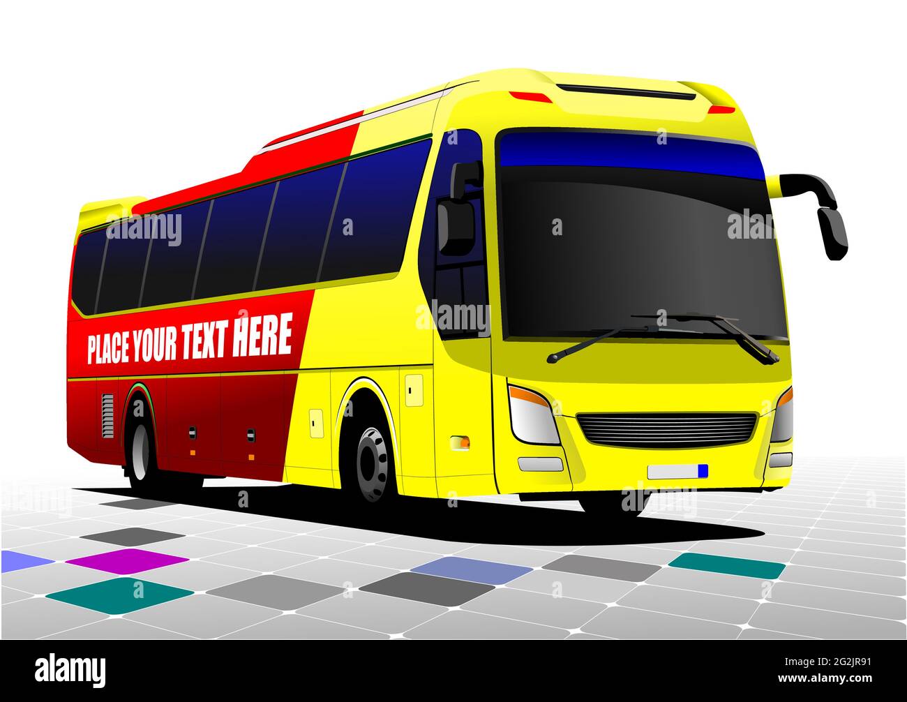 Red-yellow City bus on the road. Coach. Vector 3d illustration Stock