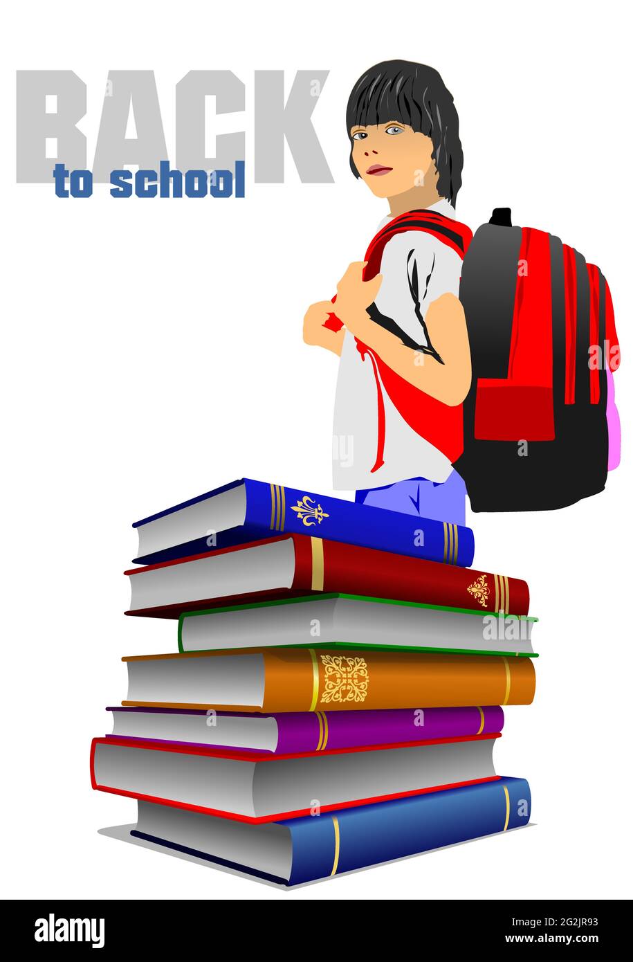 Back to school. Stack of books with schoolboy image. 3d vector ...