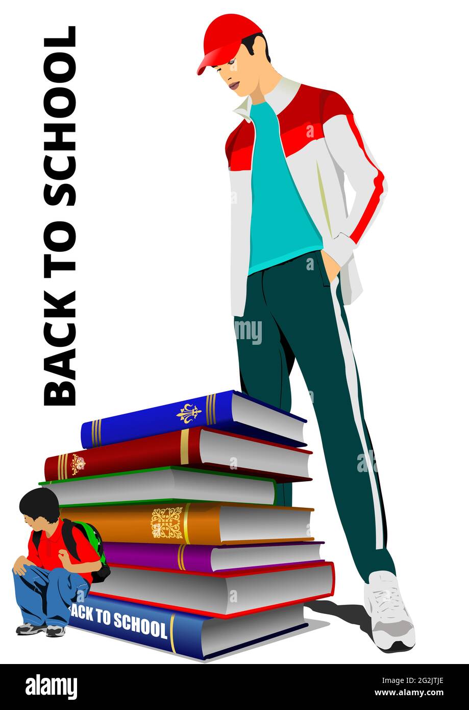 Back to school with schoolboy, stack of books and giant image. Vector ...