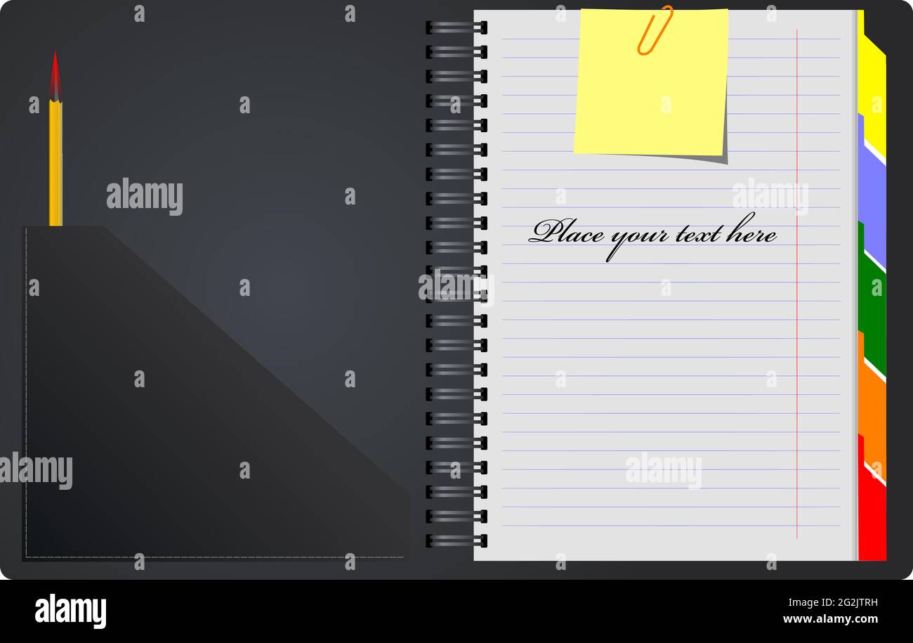 Black Notebook open on white background with clipped yellow none. Vector illustration Stock Vector