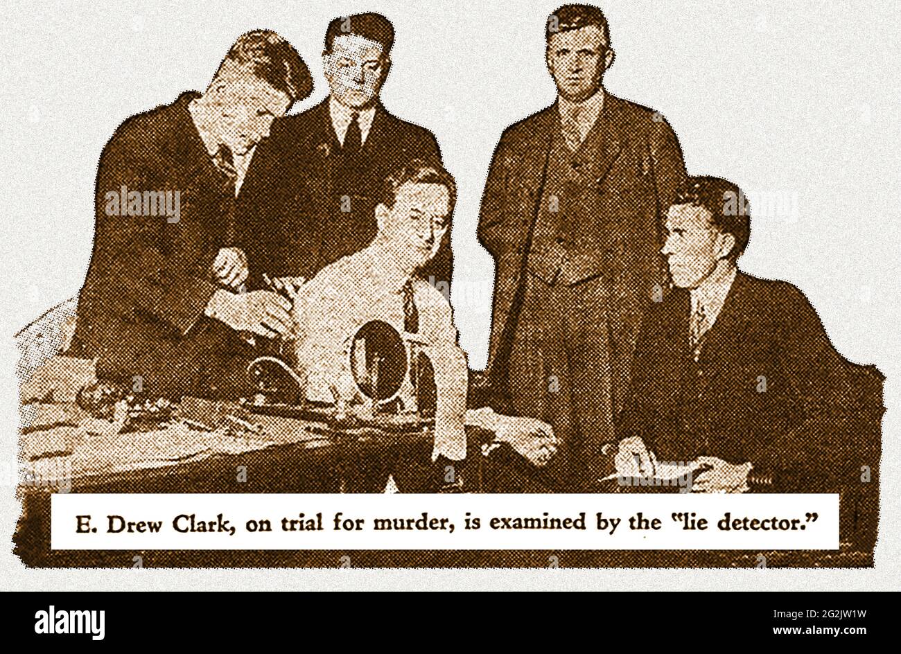 An old newspaper cutting showing the American suspected  murderer E. Drew Clark being interviewed with the aid of a lie detector. One of  the earliest lie detectors  was invented by James Mackenzie in 1902. In 1921 John Augustus Larson invented a mor reliable machine which was improved upon by Leonard Keeler  in the 1930s .It became known as the “Compact Keeler Polygraph“. The basic design is still used today. Legal & medical bodies argue about its accuracy.  The Stoelting Polyscribe the worlds first all electronic polygraph arrived in 1988 followed by the computerised Polygraph in 1992. Stock Photo