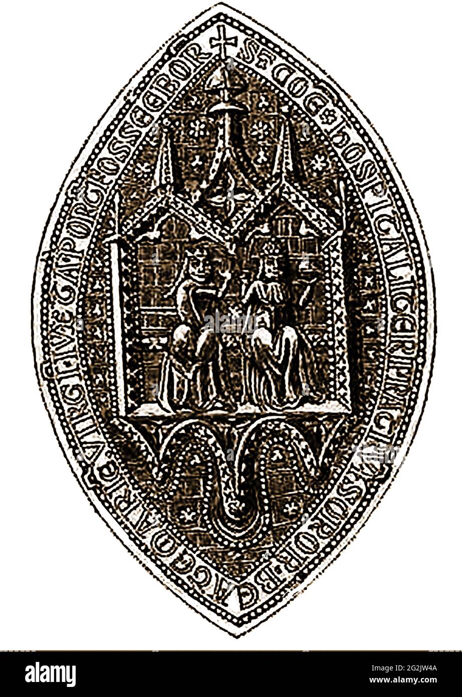 The ancient seal of the Gilda Mercarorium (Merchants Guild)  , York, UK. The illustration on thevesica piscis shaped seal is thought to represent the king and queen sitting in either the merchants meeting hall, or York minster. Nine ancient guilds still opertae York today, Stock Photo