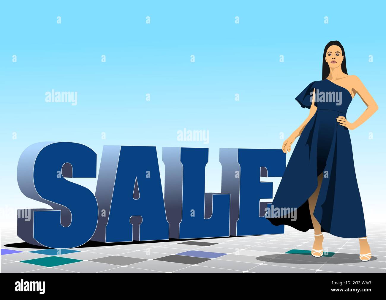 3D sale image with images of young girl. Vector color illustration ...