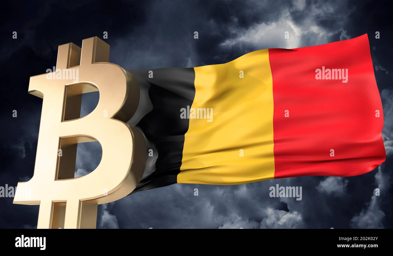 Gold bitcoin cryptocurrency with a waving Belgium flag. 3D Rendering Stock  Photo - Alamy