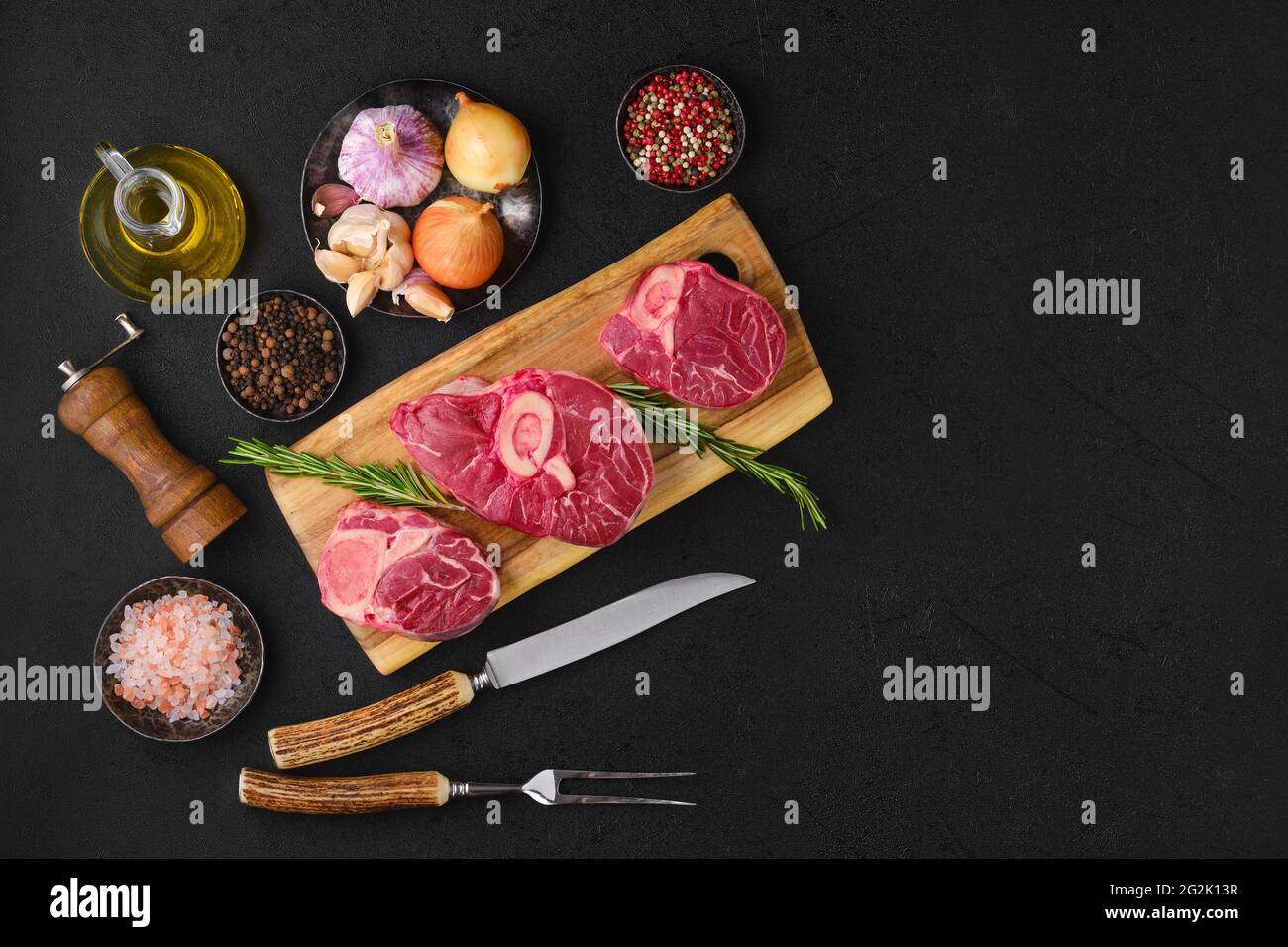 Overhead view of raw beef shank cross cut, ossobuco ready for cooking
