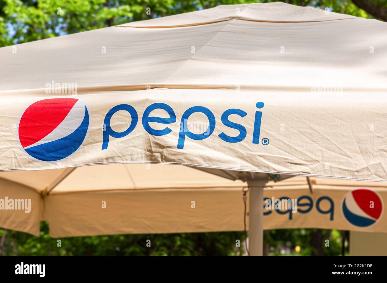 Samara, Russia - June 6, 2021: Pepsi logo and signage. Brand of carbonated soft drink by the American company PepsiCo Stock Photo