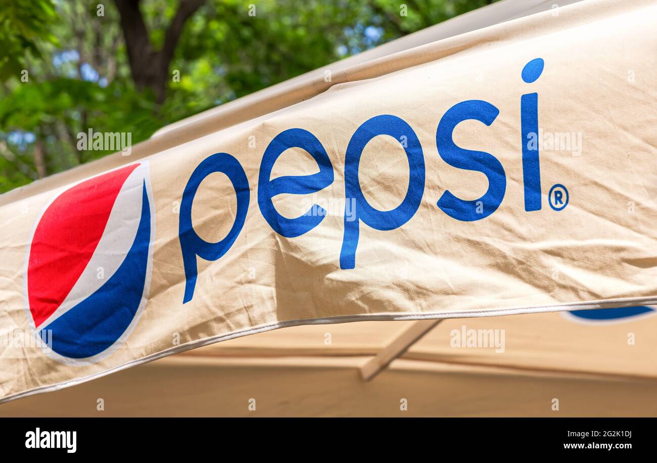 Samara, Russia - June 6, 2021: Pepsi logo and signage. Brand of carbonated soft drink by the American company PepsiCo Stock Photo