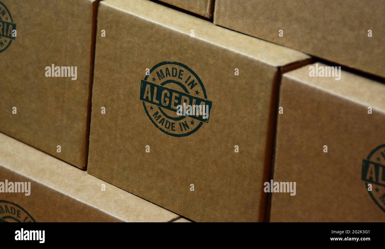 Made in Algeria stamp printed on cardboard box. Factory, manufacturing and production country concept. Stock Photo