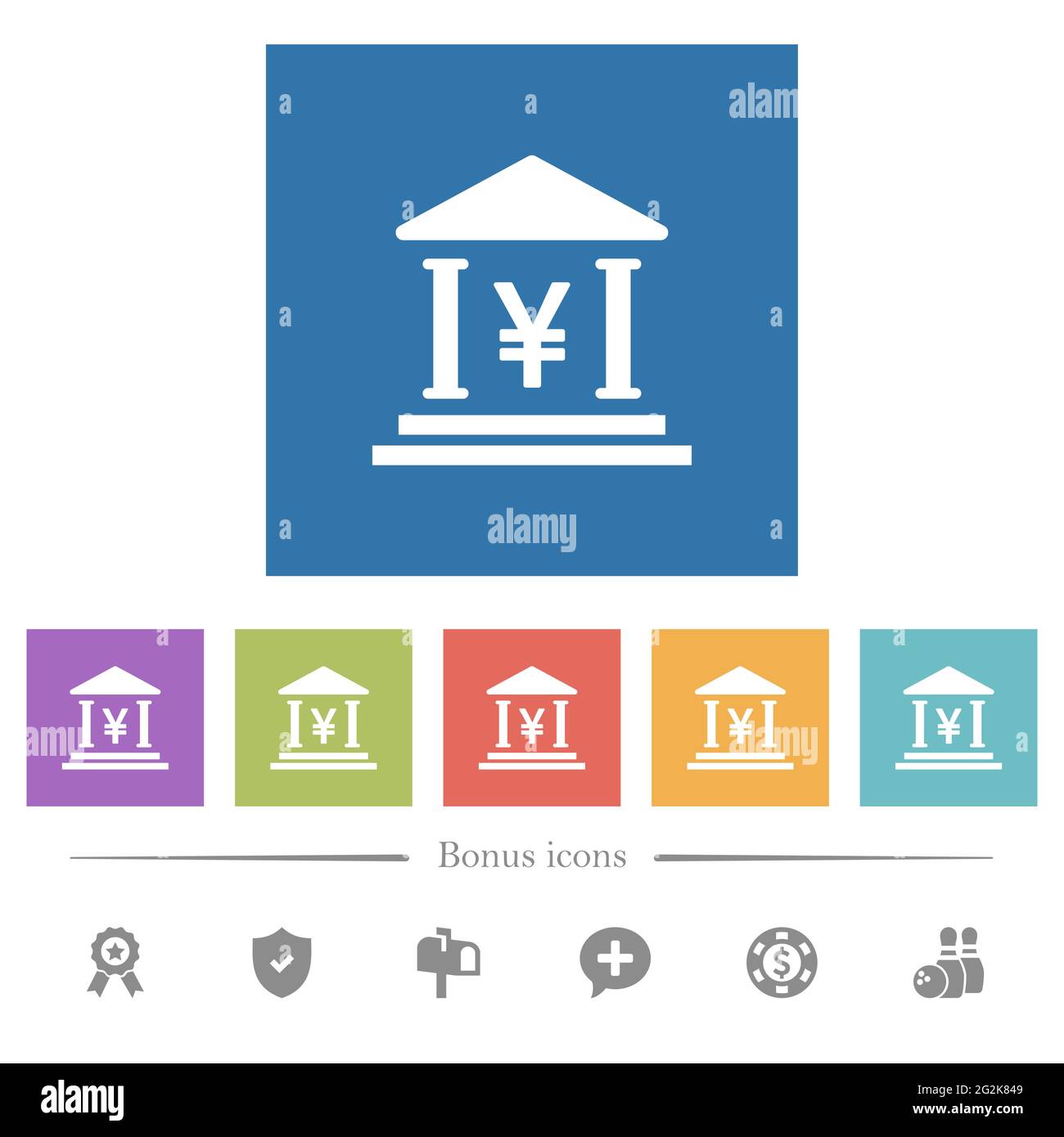 Yen bank office flat white icons in square backgrounds. 6 bonus icons ...