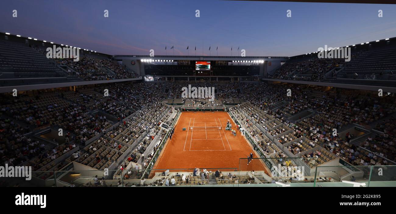 Paris, France. 11th June, 2021. Illustration Philippe Chatrier central court  during the night session of the semi-final between Novak Djokovic of Serbia  and Rafael Nadal of Spain at the Roland-Garros 2021, Grand