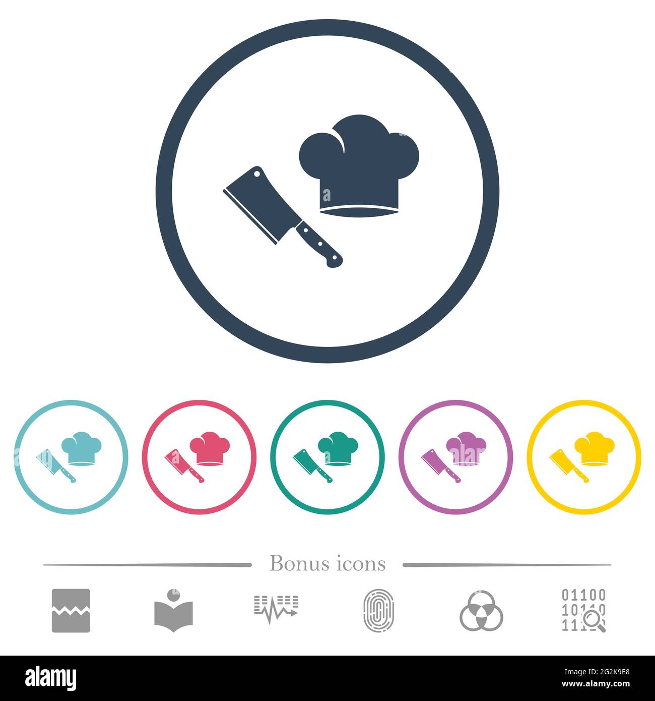 Meat cleaver knife and chef hat flat color icons in round outlines. 6 ...